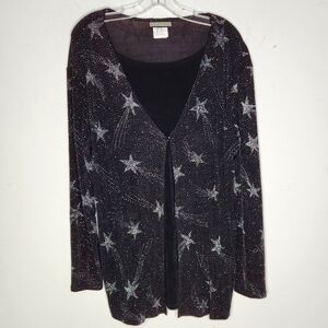 Vintage Notations Womens M Twofer Blouse Black Glitter Star Slinky Celestial